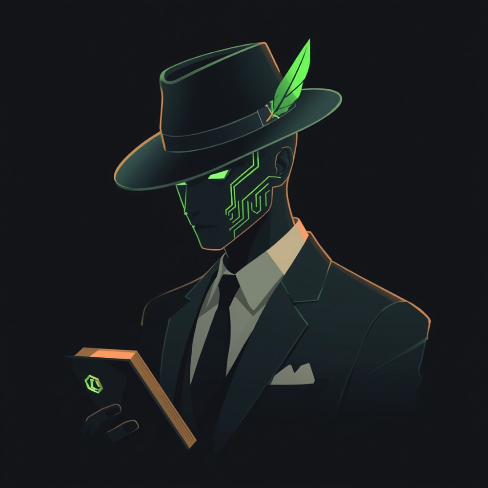 The Consigliere — a figure in a dark suit and fedora with a glowing green feather, circuit lines on his jaw, reading a ledger